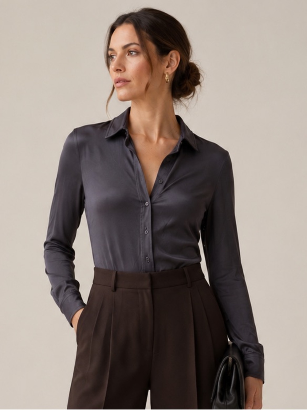 Bodysuit Italian Designer Atos Lombardini Quiet Luxury Button Up Blouse Office